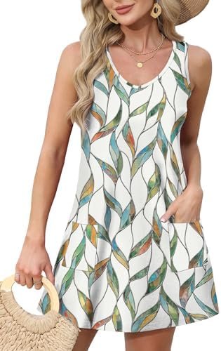 OFEEFAN Womens Summer Dresses 2025 Loose V Neck Sleeveless Sundresses Swimsuit Coverup with Pockets Floral/Plain/Eyelet